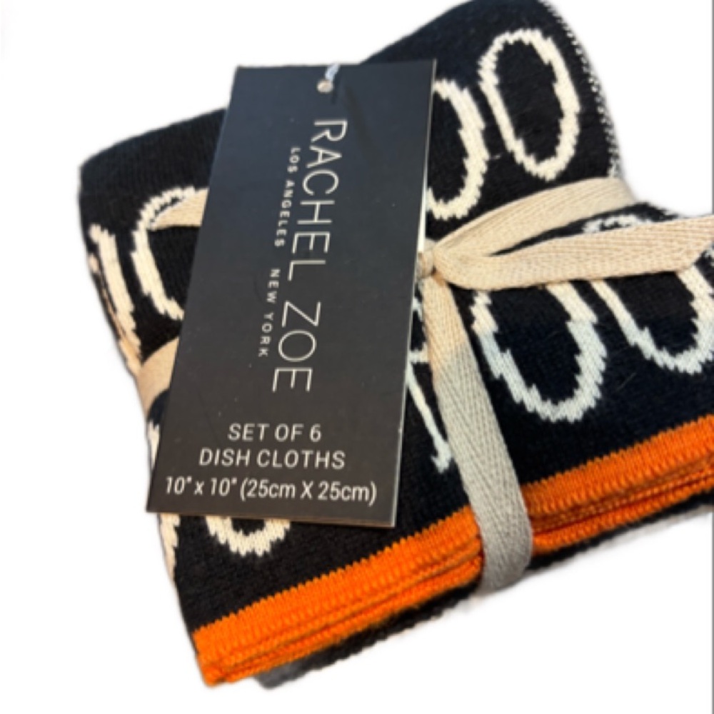 Rachel Zoe Black and Orange White Dish Cloths Set. Halloween themed. NWT